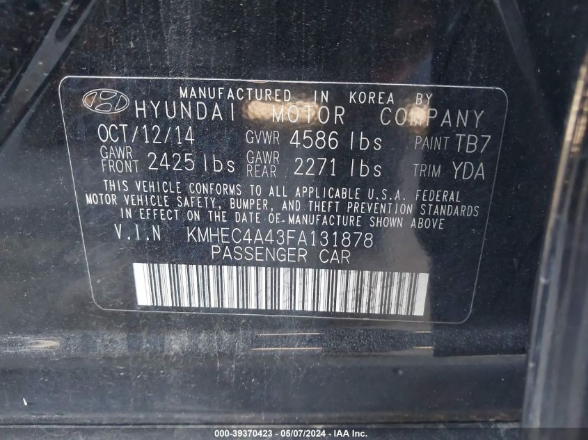 2015 Hyundai Sonata Hybrid Limited VIN: KMHEC4A43FA131878 Lot: 39370423