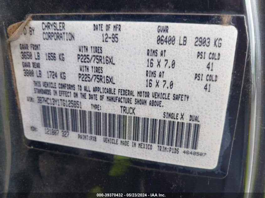 1996 Dodge Ram 1500 VIN: 3B7HC13Y1TG125851 Lot: 39370432