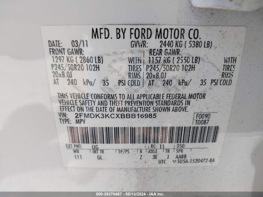 2011 Ford Edge Limited VIN: 2FMDK3KCXBBB16985 Lot: 39370467