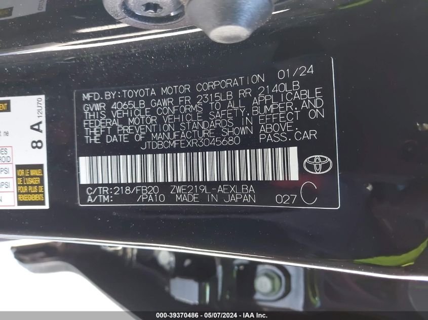 2024 Toyota Corolla Hybrid Le VIN: JTDBCMFEXR3045680 Lot: 39370486