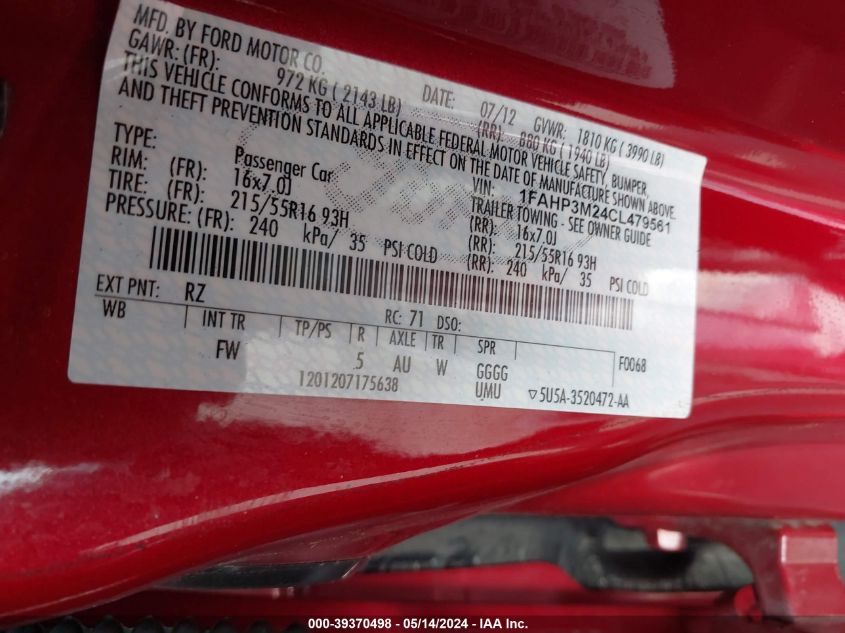 2012 Ford Focus Sel VIN: 1FAHP3M24CL479561 Lot: 39370498