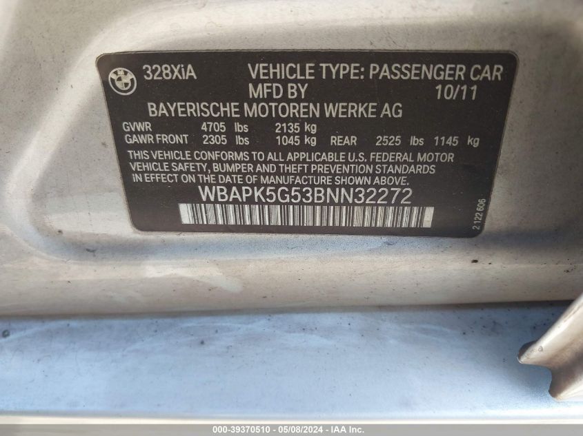 2011 BMW 328I xDrive VIN: WBAPK5G53BNN32272 Lot: 39370510