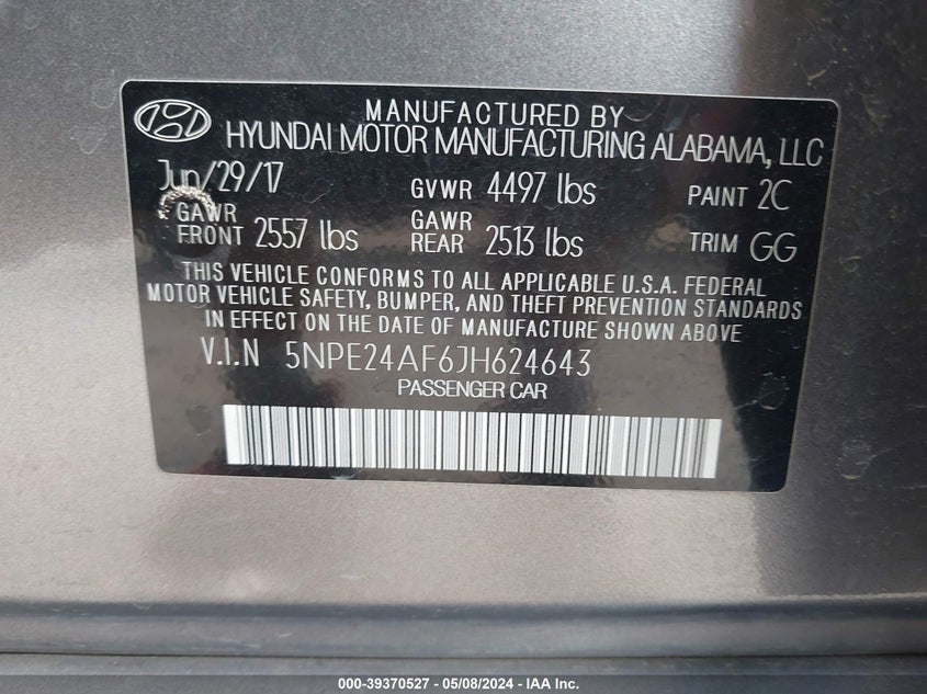 VIN 5NPE24AF6JH624643 2018 HYUNDAI SONATA SE