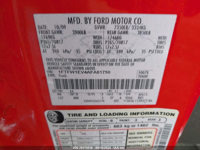 2010 Ford F-150 Fx4/Harley-Davidson/King Ranch/Lariat/Platinum/Xl/Xlt VIN: 1FTFW1EV4AFA81750 Lot: 39370536