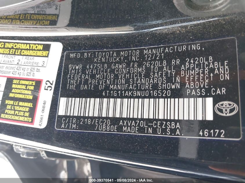 2022 Toyota Camry Se Nightshade Edition VIN: 4T1G11AK9NU016520 Lot: 39370541