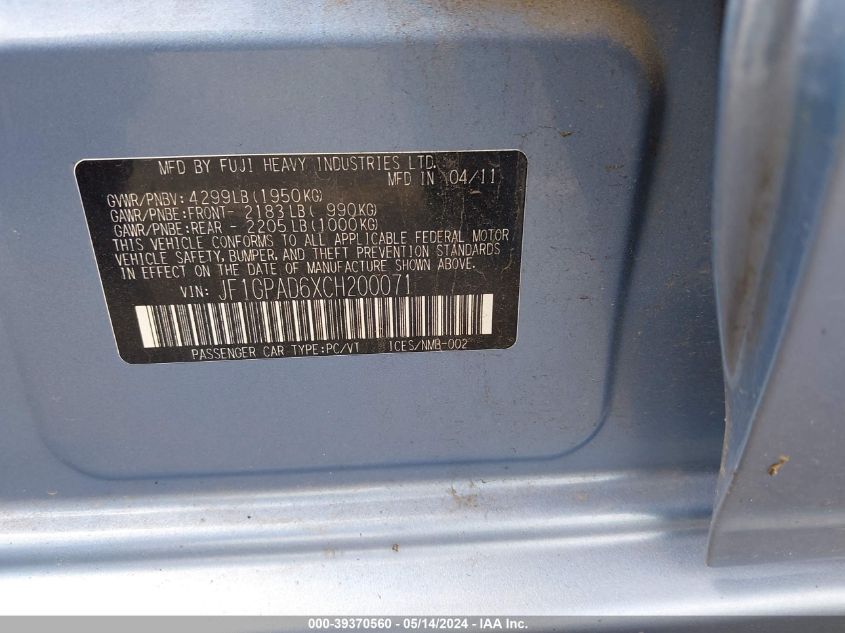 2012 Subaru Impreza 2.0I Premium VIN: JF1GPAD6XCH200071 Lot: 39370560