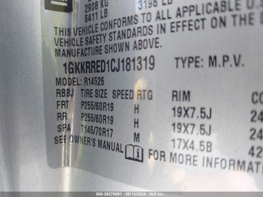 2012 GMC Acadia Slt-1 VIN: 1GKKRRED1CJ181319 Lot: 39370591