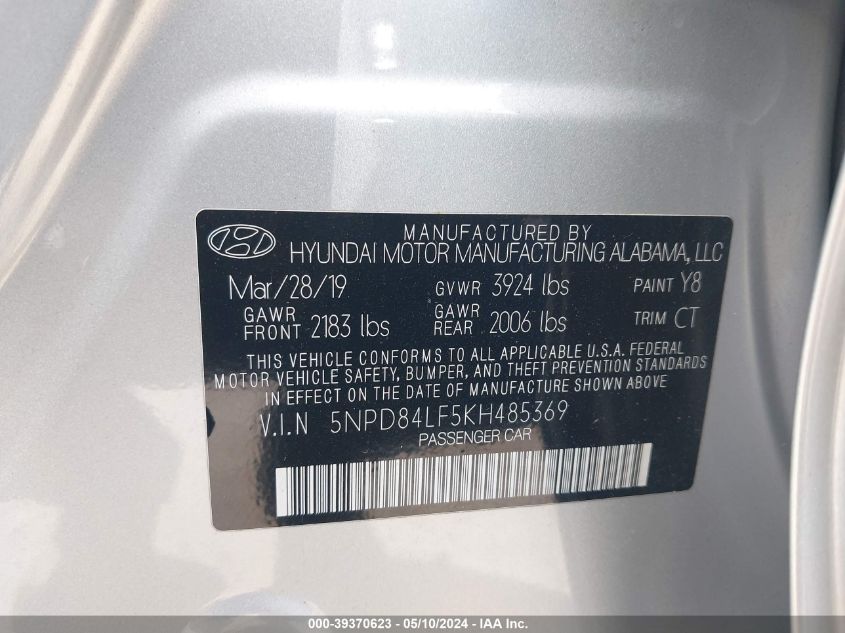 2019 Hyundai Elantra Sel VIN: 5NPD84LF5KH485369 Lot: 39370623