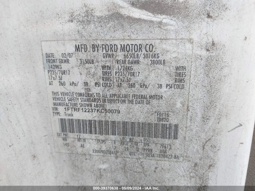 2007 Ford F-150 Stx/Xl/Xlt VIN: 1FTRF12237KC50079 Lot: 39370638