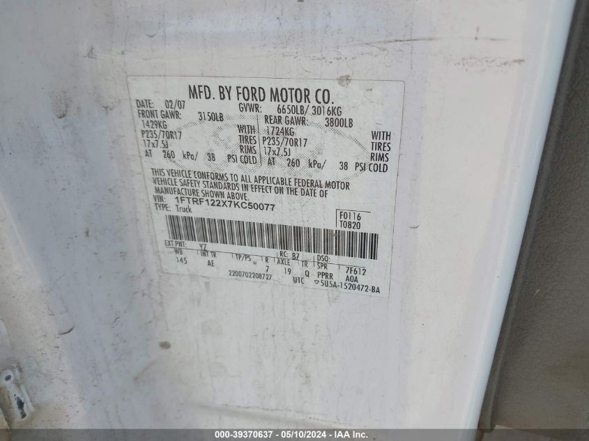 2007 Ford F-150 Stx/Xl/Xlt VIN: 1FTRF122X7KC50077 Lot: 39370637