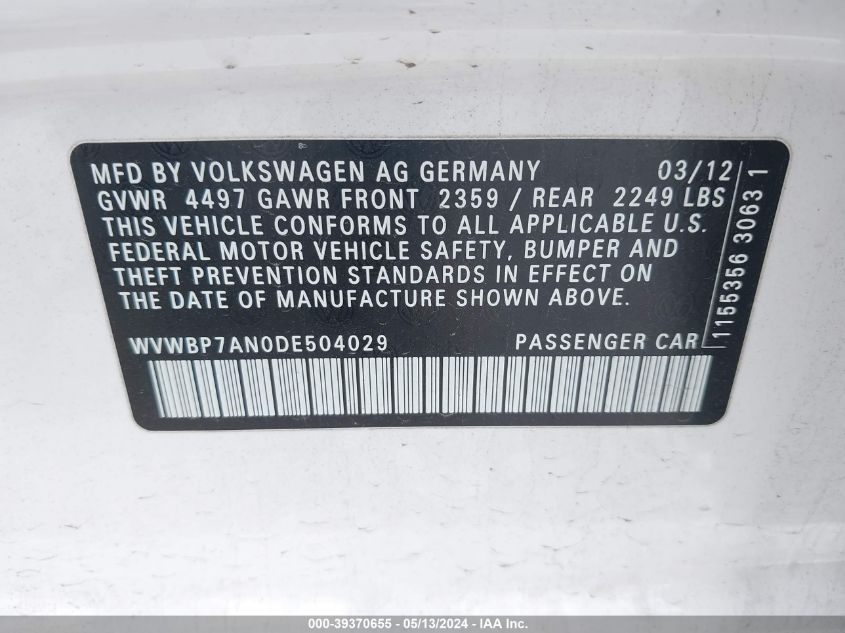 2013 Volkswagen Cc 2.0T Sport Plus VIN: WVWBP7AN0DE504029 Lot: 39370655