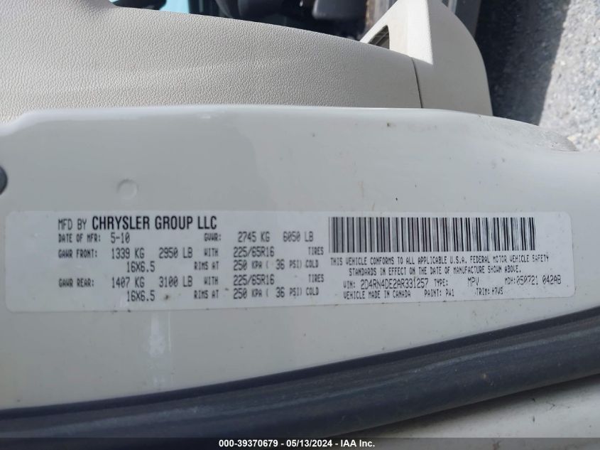 2010 Dodge Grand Caravan Se VIN: 2D4RN4DE2AR331257 Lot: 39370679