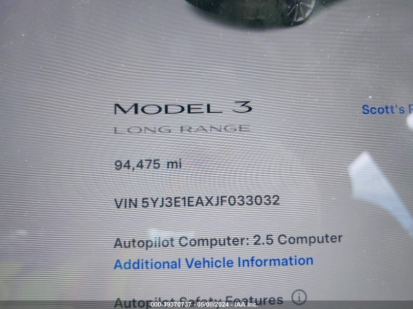 2018 Tesla Model 3 VIN: 5YJ3E1EAXJF033032 Lot: 39370737