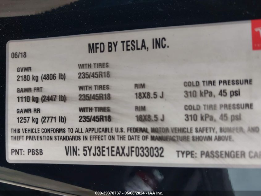 2018 Tesla Model 3 VIN: 5YJ3E1EAXJF033032 Lot: 39370737
