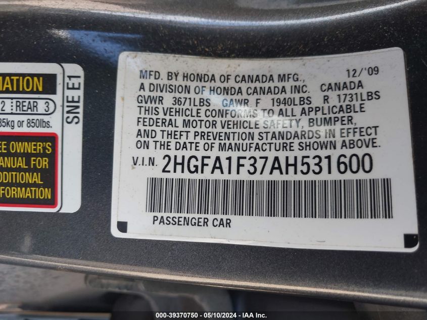 2010 Honda Civic Vp VIN: 2HGFA1F37AH531600 Lot: 39370750
