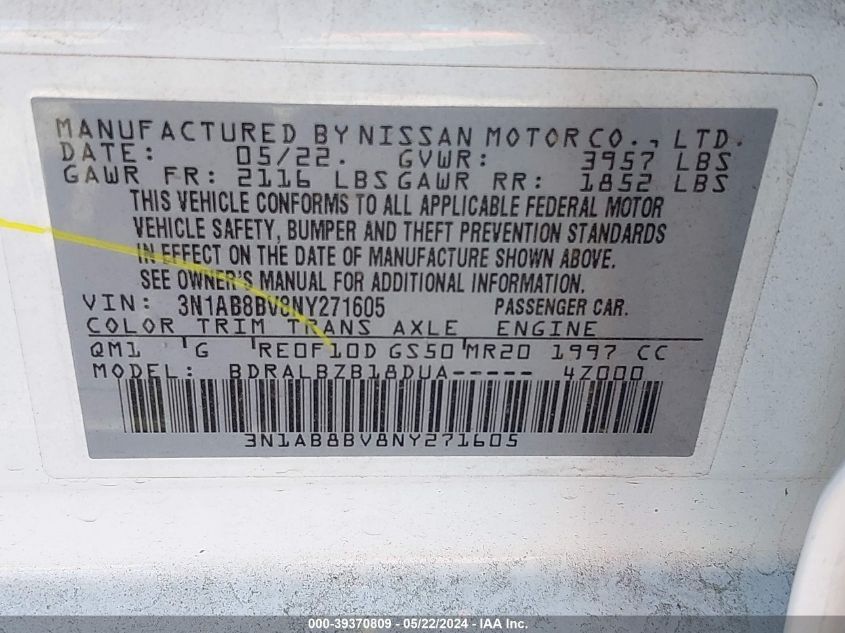 2022 Nissan Sentra S Xtronic Cvt VIN: 3N1AB8BV8NY271605 Lot: 39370809