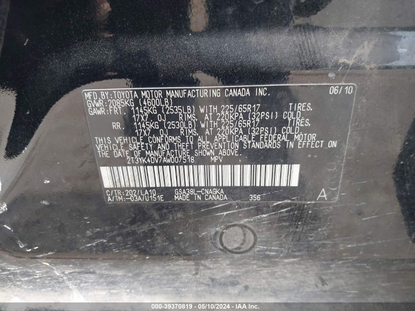 2010 Toyota Rav4 Limited V6 VIN: 2T3YK4DV7AW007518 Lot: 39370819