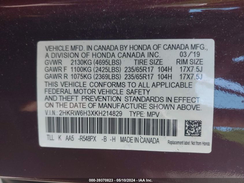 2019 Honda Cr-V Lx VIN: 2HKRW6H3XKH214829 Lot: 39370823