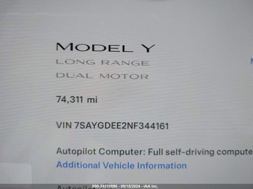 2022 TESLA MODEL Y AWD/LONG RANGE DUAL MOTOR ALL-WHEEL DRIVE - 7SAYGDEE2NF344161