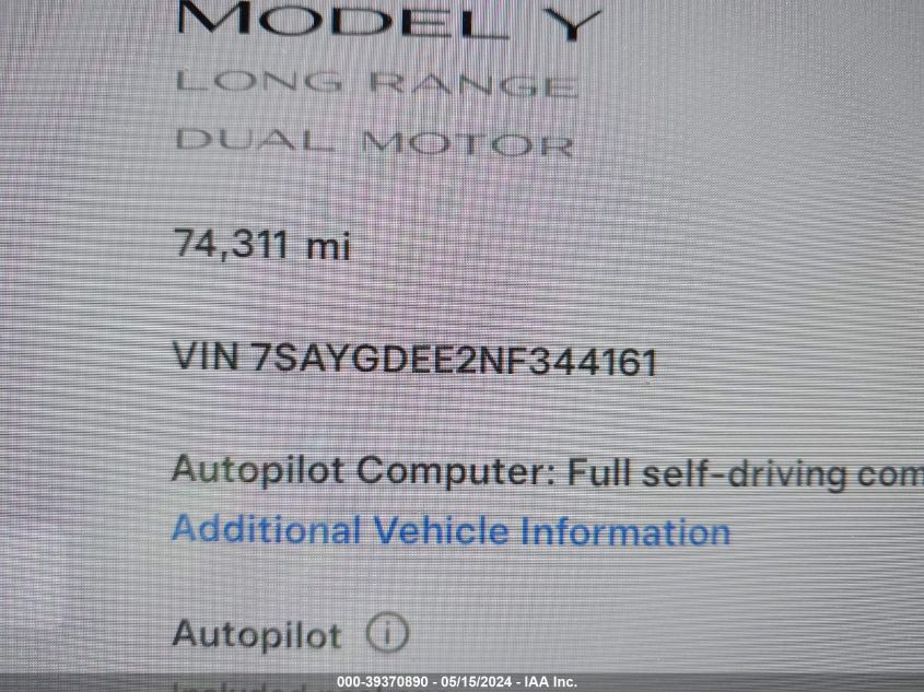 2022 TESLA MODEL Y AWD/LONG RANGE DUAL MOTOR ALL-WHEEL DRIVE - 7SAYGDEE2NF344161