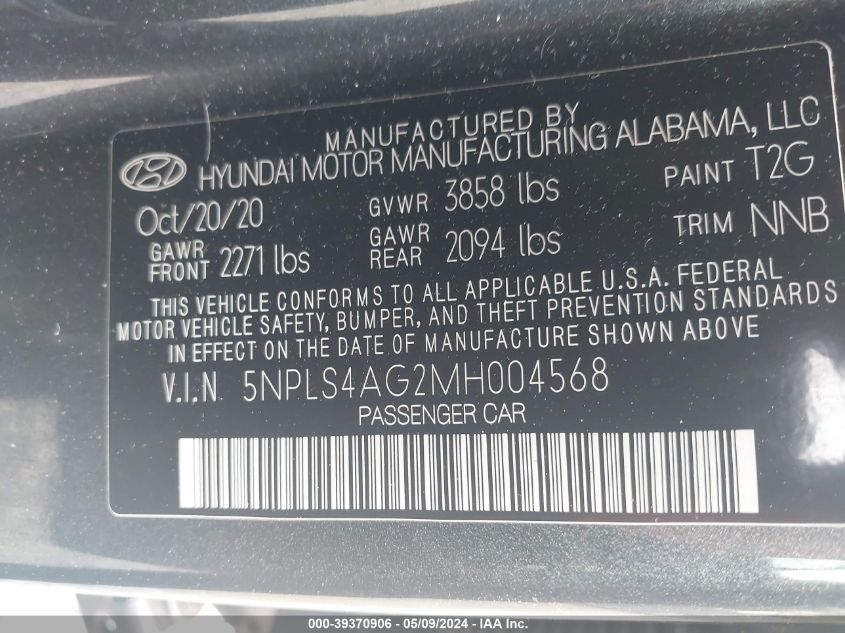 2021 Hyundai Elantra Sel VIN: 5NPLS4AG2MH004568 Lot: 39370906