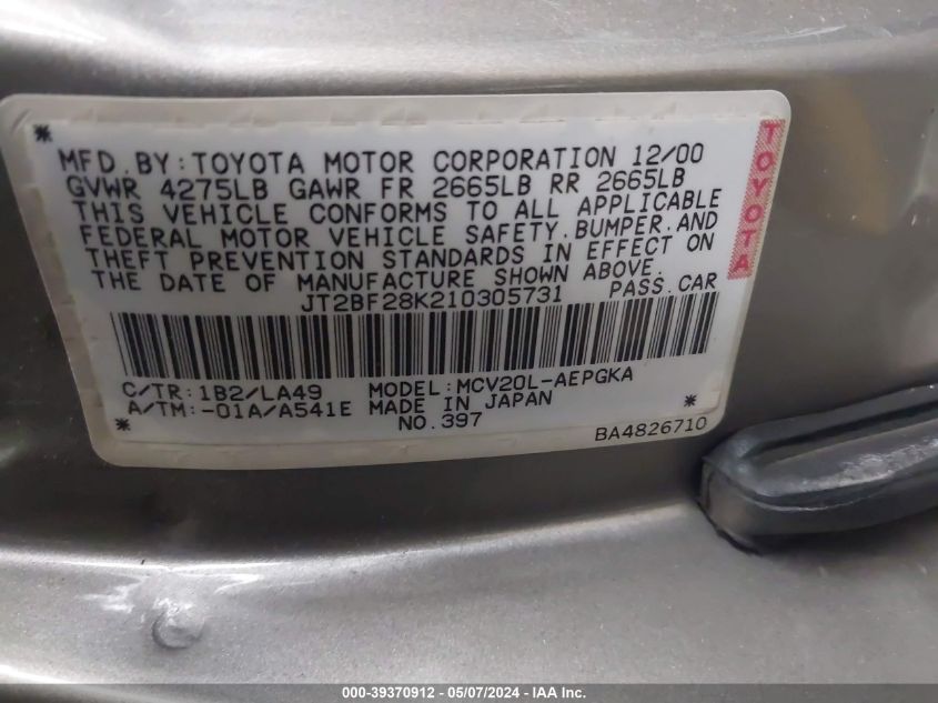 2001 Toyota Camry Xle V6 VIN: JT2BF28K210305731 Lot: 39370912