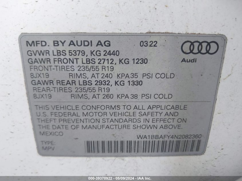 2022 Audi Q5 Premium Plus 40 Tfsi Quattro S Tronic VIN: WA1BBAFY4N2082360 Lot: 39370922