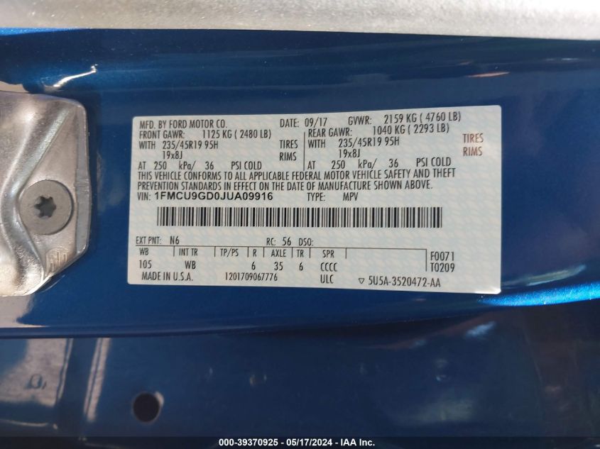 2018 Ford Escape Se VIN: 1FMCU9GD0JUA09916 Lot: 39370925