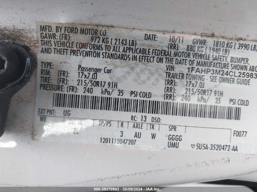 2012 Ford Focus Sel VIN: 1FAHP3M24CL259837 Lot: 39370943