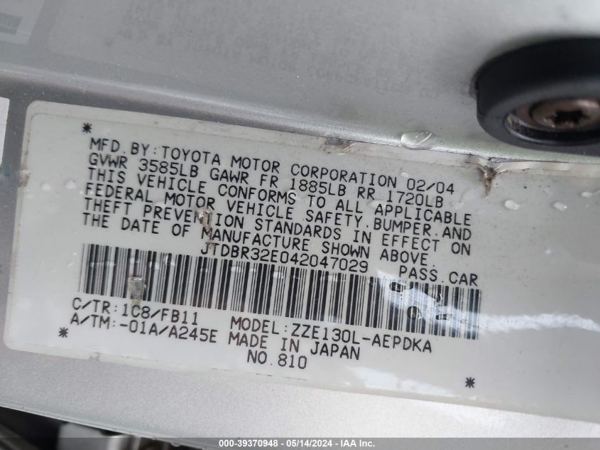 2004 Toyota Corolla Ce VIN: JTDBR32E042047029 Lot: 39370948