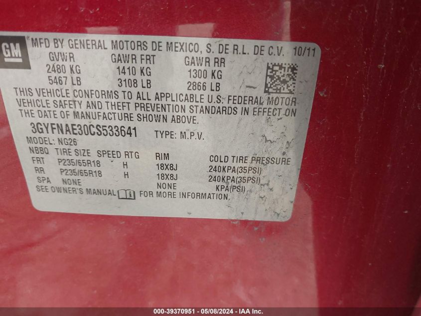 2012 Cadillac Srx Luxury Collection VIN: 3GYFNAE30CS533641 Lot: 39370951