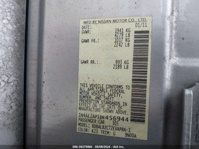 2011 Nissan Altima 2.5 S VIN: 1N4AL2AP1BN456944 Lot: 39370960