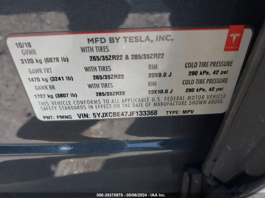 2018 Tesla Model X 100D/75D/P100D VIN: 5YJXCBE47JF133368 Lot: 39370975