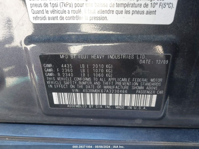 2010 Subaru Legacy 2.5I Limited VIN: 4S3BMBK67A3230466 Lot: 39371004