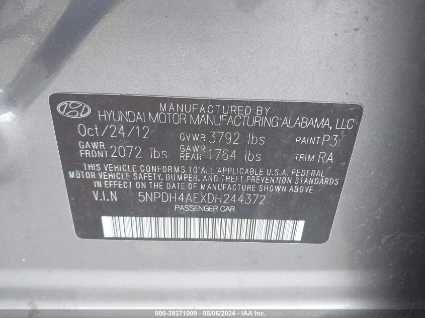 5NPDH4AEXDH244372 | 2013 HYUNDAI ELANTRA