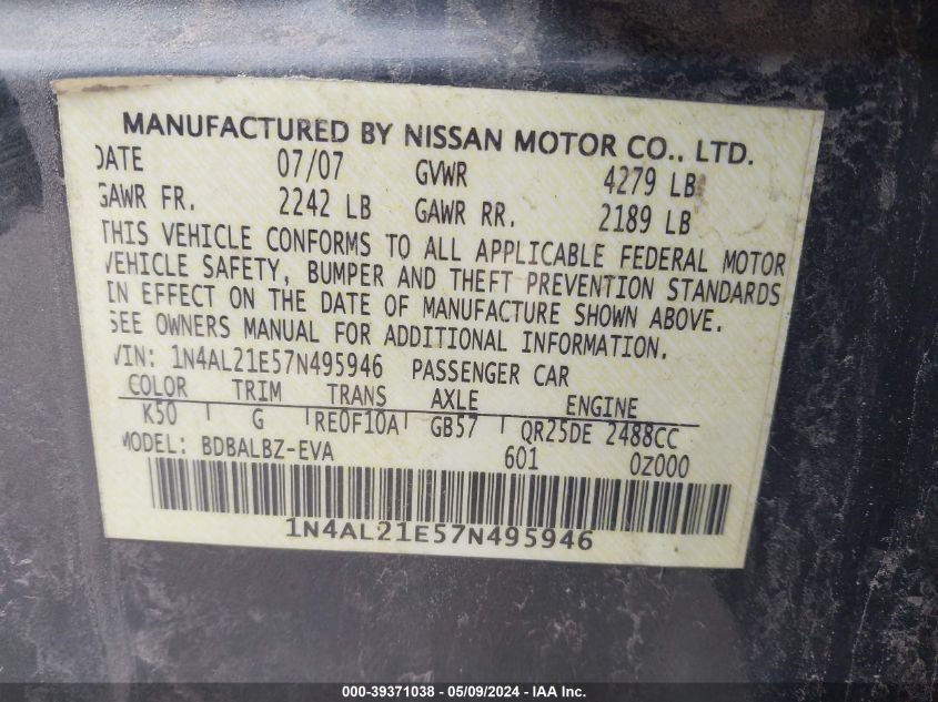 1N4AL21E57N495946 2007 Nissan Altima 2.5 S