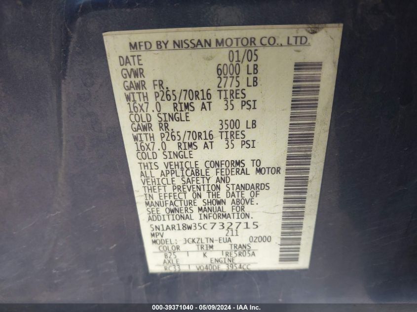 2005 Nissan Pathfinder Se VIN: 5N1AR18W35C732715 Lot: 39371040