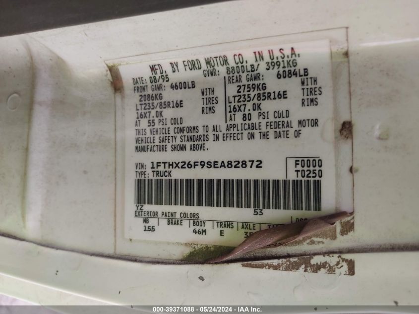 1995 Ford F250 VIN: 1FTHX26F9SEA82872 Lot: 39371088