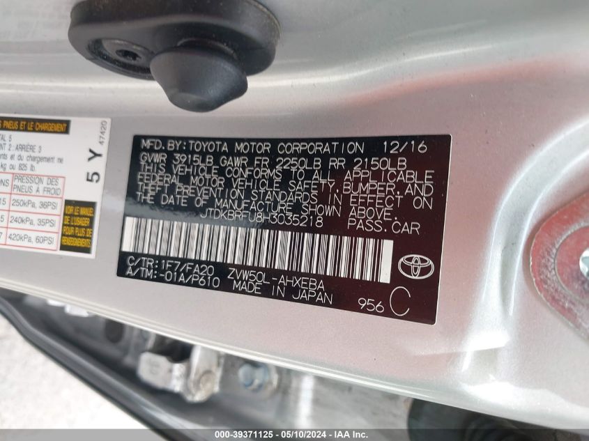 2017 Toyota Prius Two VIN: JTDKBRFU8H3035218 Lot: 39371125