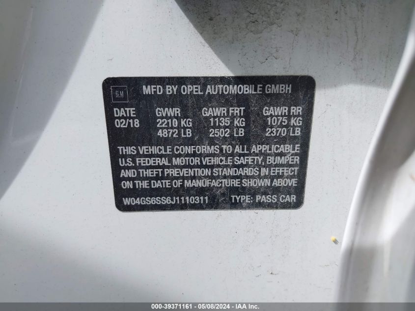 2018 Buick Regal Sportback Gs VIN: W04GS6SS6J1110311 Lot: 39371161