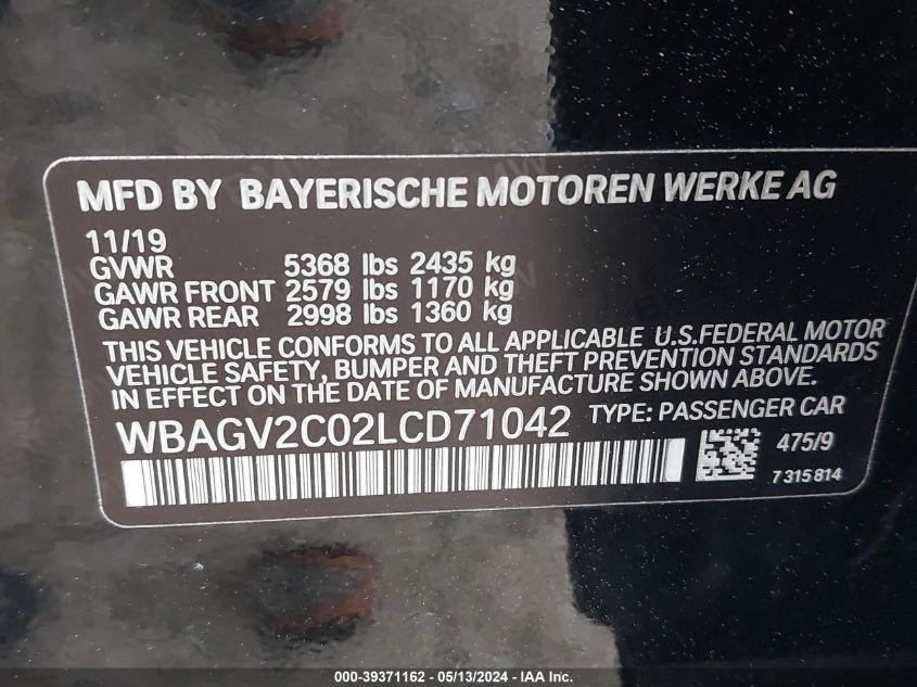 2020 BMW 840I Gran Coupe VIN: WBAGV2C02LCD71042 Lot: 39371162