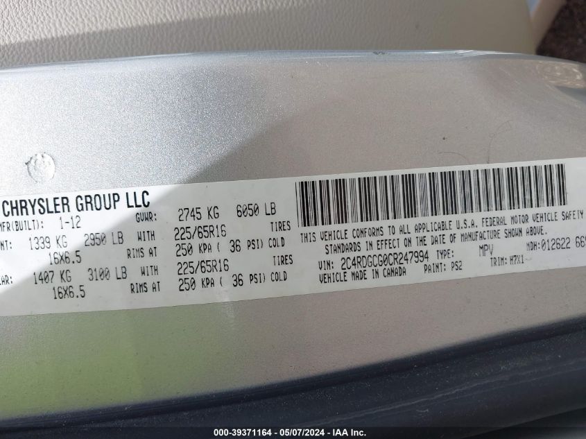 2012 Dodge Grand Caravan Sxt VIN: 2C4RDGCG0CR247994 Lot: 39371164