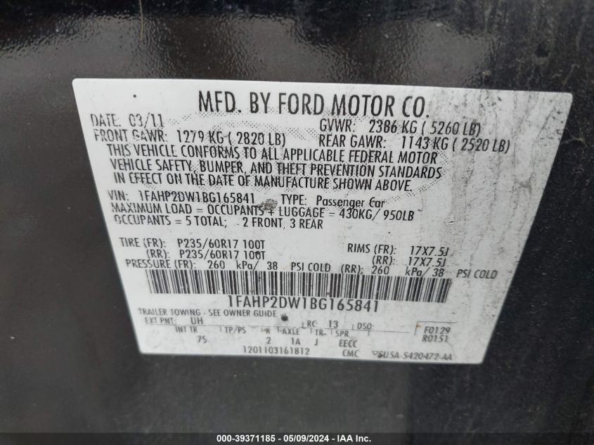 1FAHP2DW1BG165841 2011 Ford Taurus Se