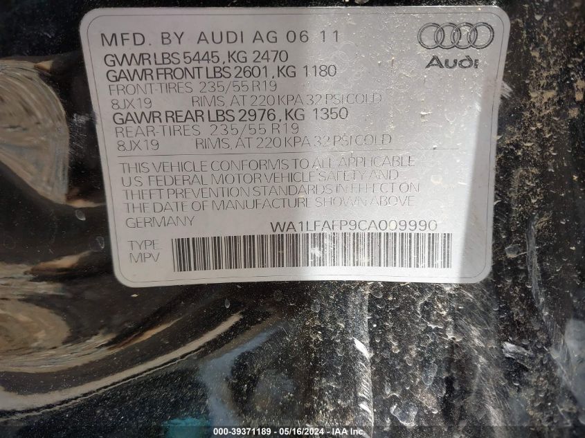 2012 Audi Q5 2.0T Premium VIN: WA1LFAFP9CA009990 Lot: 39371189