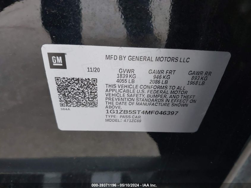 2021 Chevrolet Malibu Fwd Ls VIN: 1G1ZB5ST4MF046397 Lot: 39371196