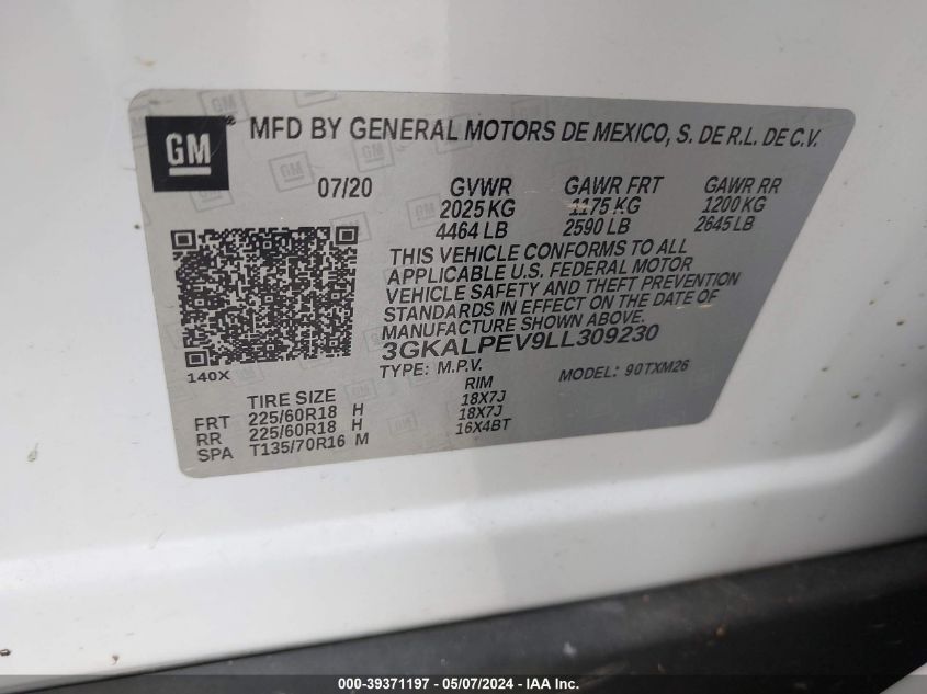 2020 GMC Terrain Fwd Slt VIN: 3GKALPEV9LL309230 Lot: 39371197