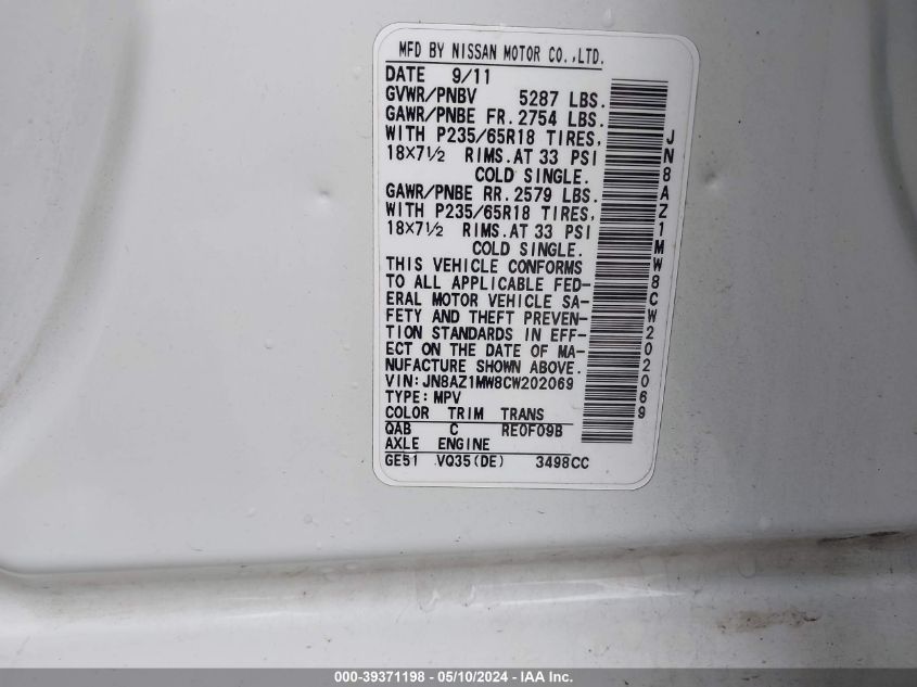 2012 Nissan Murano Sl VIN: JN8AZ1MW8CW202069 Lot: 39371198