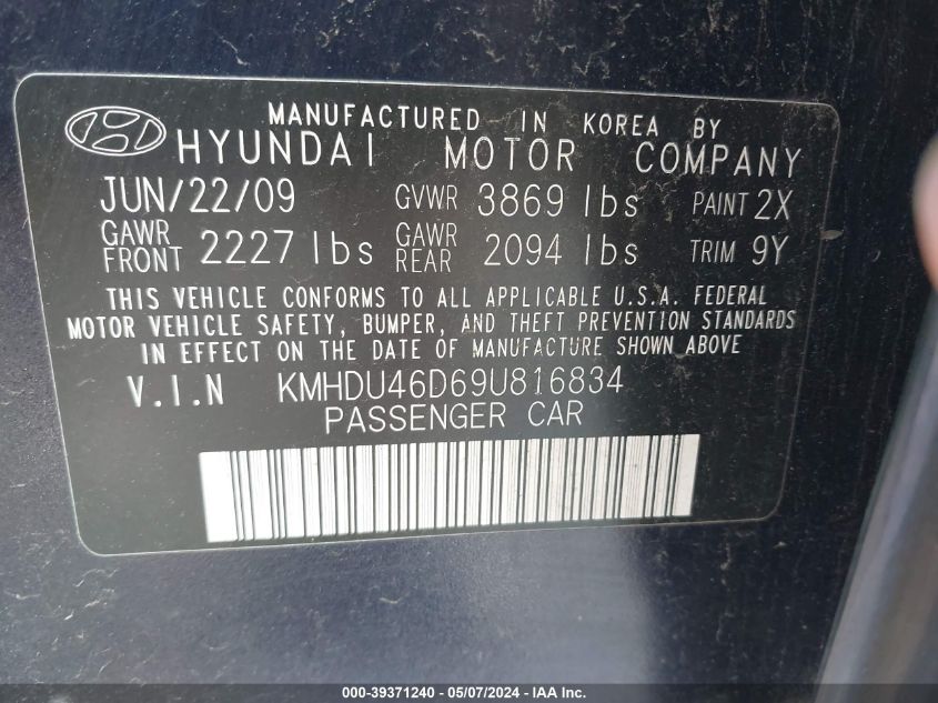 2009 Hyundai Elantra Gls VIN: KMHDU46D69U816834 Lot: 39371240