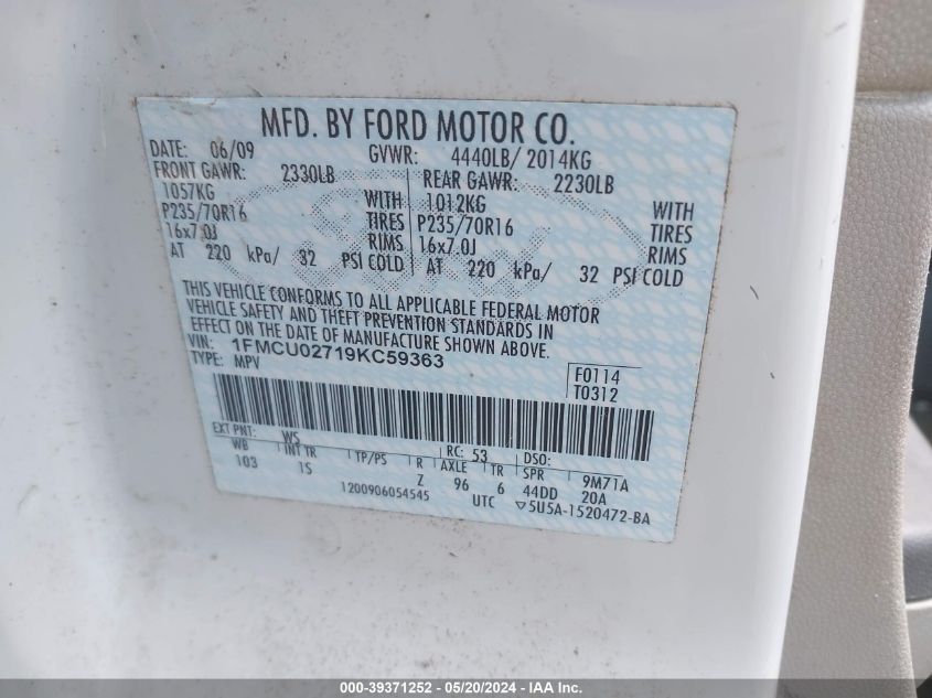 2009 Ford Escape Xls/Xls Manual VIN: 1FMCU02719KC59363 Lot: 39371252