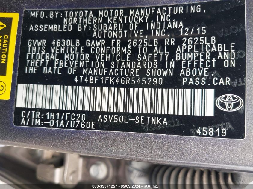 2016 Toyota Camry Le VIN: 4T4BF1FK4GR545290 Lot: 39371257